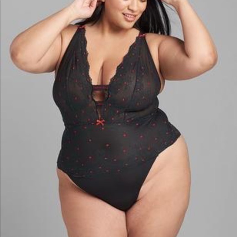 Cacique NWOT black lace and red polka dot bodysuit